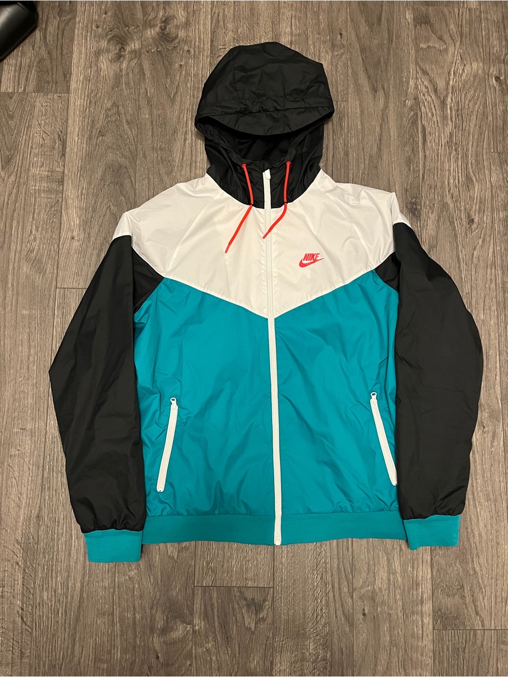 Nike Men’s Hooded Windbreaker Jacket - Teal/Black/White/Red Accents